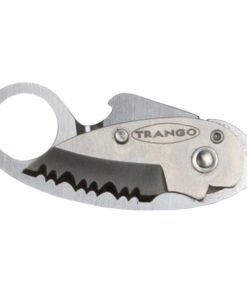 Navaja Piranha Trango de acero inoxidable con hoja dentada cerrada y orificio para mosquetón