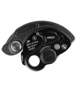 Asegurador Vergo Trango negro para escalada con frenado asistido y diseño ergonómico.