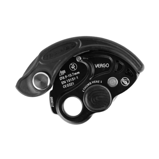 Asegurador Vergo Trango negro para escalada con frenado asistido y diseño ergonómico.