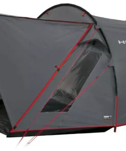 Tienda de campaña High Peak Ascoli 3 montada con toldo delantero abierto y varillas extendidas.