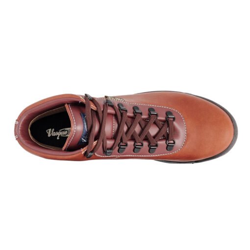 Vista superior de la bota izquierda Vasque Sundowner Botas GORE-TEX en cuero marrón, mostrando el sistema de cordones y la lengüeta acolchada.
