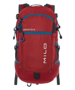 Mochila de trekking Milo Coroico 25+3 litros color rojo con detalles azules, vista frontal.