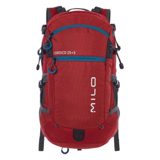 Mochila de trekking Milo Coroico 25+3 litros color rojo con detalles azules, vista frontal.