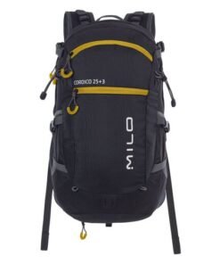 Mochila de trekking Milo Coroico 25+3 litros negra con detalles amarillos, vista frontal. Mochila para senderismo