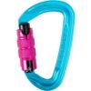 Mosquetón Trango Superfly Evo Auto de seguridad con cierre automático en colores azul y rosa.