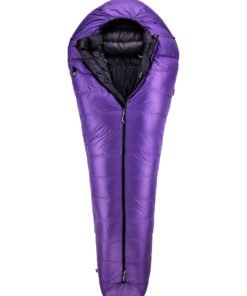 Saco de dormir de pluma AR600 tipo momia en color púrpura con diseño térmico envolvente.