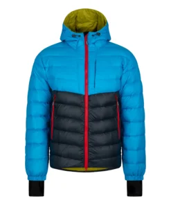 Chaqueta de plumón Milo Kugti azul y negra con capucha y cremallera roja