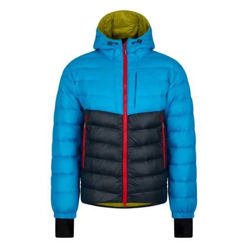 Chaqueta de plumón Milo Kugti azul y negra con capucha y cremallera roja