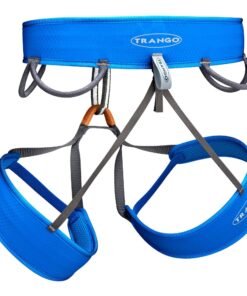 Vista trasera del arnés de escalada Trango Prism azul con portamateriales y perneras ergonómicas