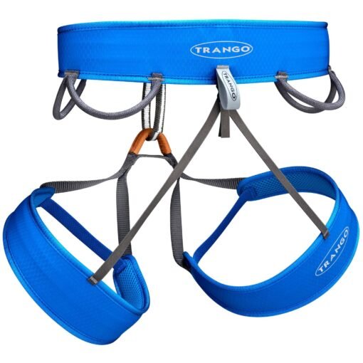 Vista trasera del arnés de escalada Trango Prism azul con portamateriales y perneras ergonómicas