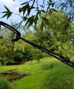Mosquetón y cuerda de hamaca colgante Bushmen Zen anclados a un árbol en entorno natural