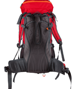 Vista trasera de la mochila Milo Mgarr 35L en rojo oscuro con respaldo acolchado y cinturón lumbar