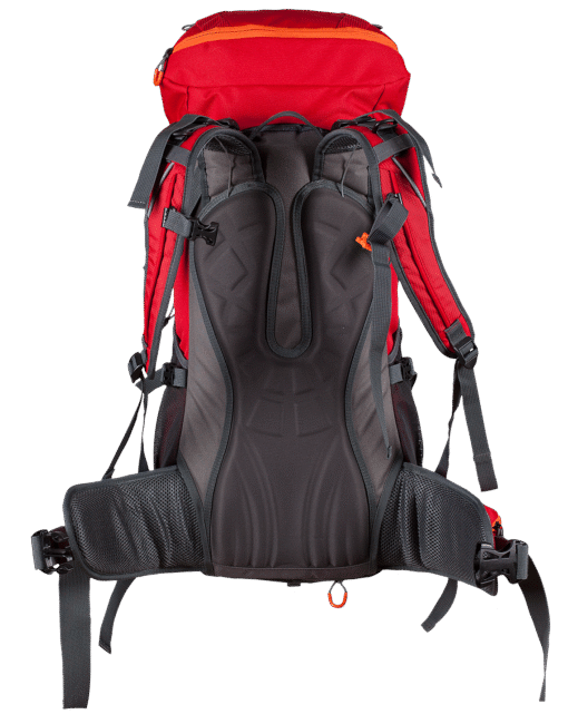 Vista trasera de la mochila Milo Mgarr 35L en rojo oscuro con respaldo acolchado y cinturón lumbar