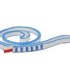 Aro de cinta cosido Dyneema 11mm Lhotse en color blanco y azul enrollado sobre fondo blanco