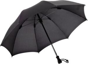 Vista inferior Euroschirm Birdiepal abierto - Estructura varillas fibra vidrio 120 cm diámetro, 104 cm ancho, copa gris antracita, sistema tensores perimetrales, paraguas antiviento trekking