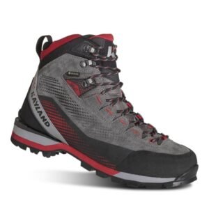 bota trekking grand tour gtx kayland suela vibrBota trekking Kayland Grand Tour GTX vista lateral frontal izquierda - Ángulo 3/4 con Gore-Tex, Vibram Tork, Ankle Lock, colores gris grafito y rojoam tork