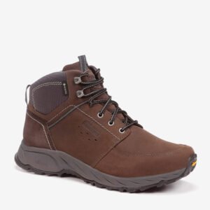 Botas Chiruca Montreal vista lateral izquierda - Calzado de montaña con piel nobuck marrón, serraje, GORE-TEX impermeable y suela Vibram Megagrip, 493g