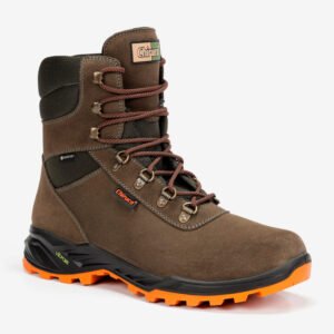 Botas Chiruca Malviz GTX vista lateral exterior, piel serraje marrón con membrana Gore-Tex y suela Vibram naranja